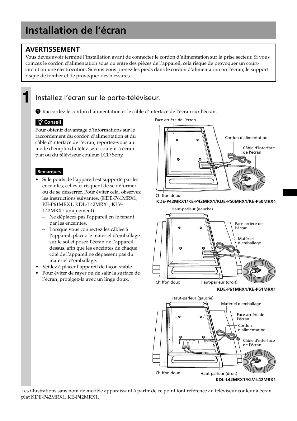 Installation de l’écran, Avertissement, Installez l’écran sur le porte-téléviseur | Sony SU-P50T2 User Manual | Page 17 / 132