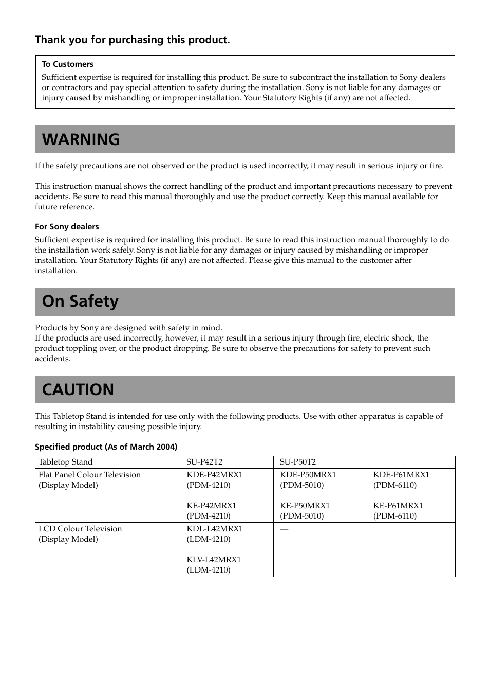 English(gb), Warning, On safety | Caution | Sony SU-P50T2 User Manual | Page 2 / 132