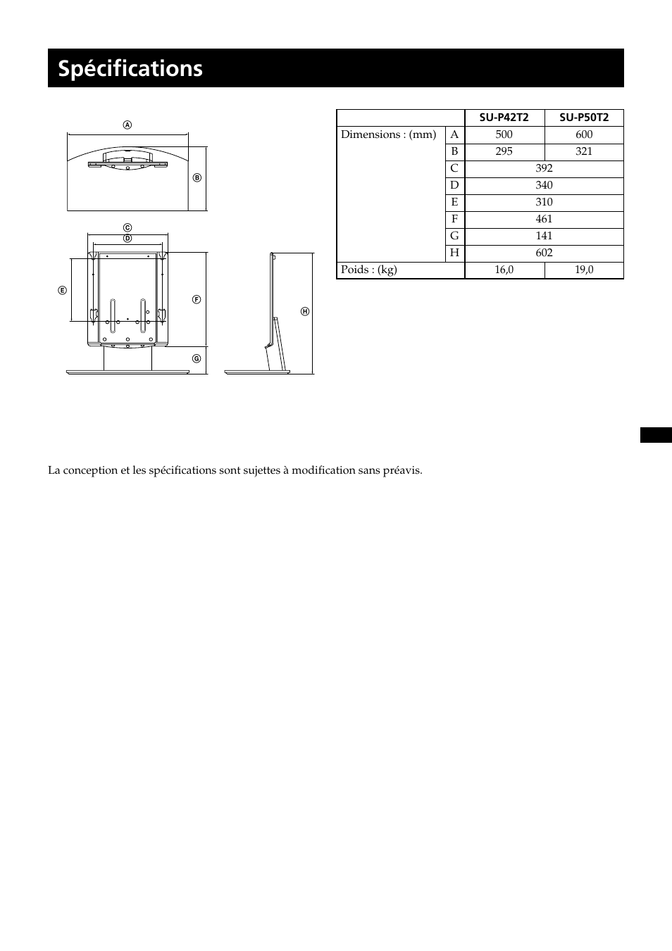Spécifications | Sony SU-P50T2 User Manual | Page 21 / 132