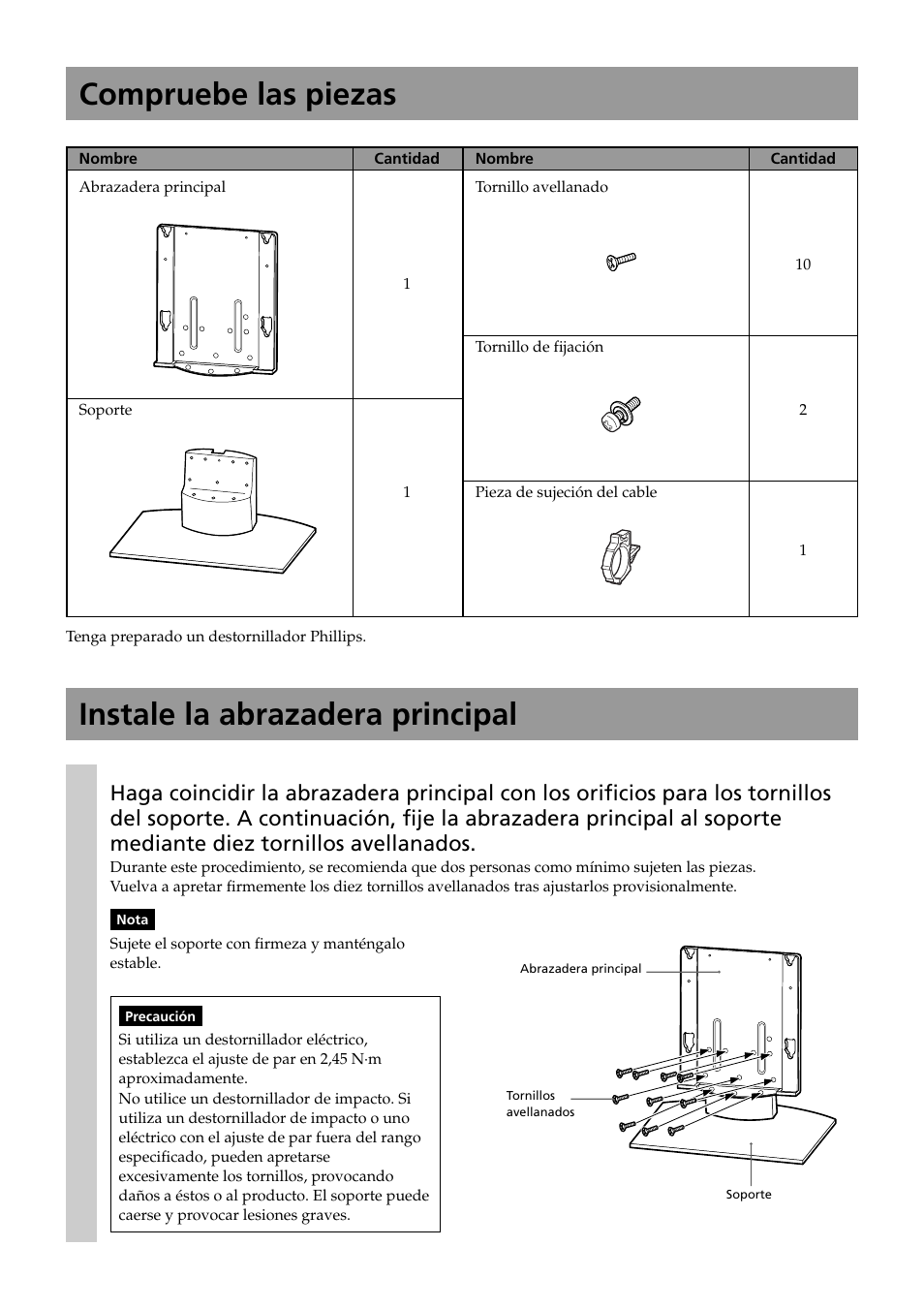 Compruebe las piezas, Instale la abrazadera principal | Sony SU-P50T2 User Manual | Page 26 / 132