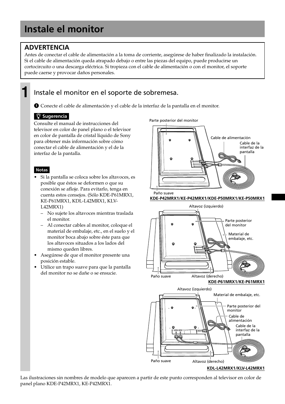 Instale el monitor, Advertencia, Instale el monitor en el soporte de sobremesa | Sony SU-P50T2 User Manual | Page 27 / 132