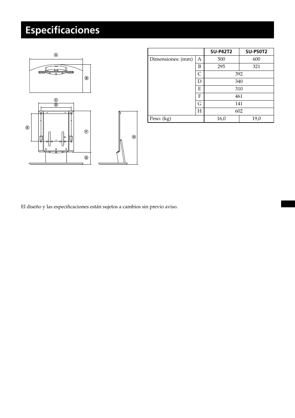 Especificaciones | Sony SU-P50T2 User Manual | Page 31 / 132