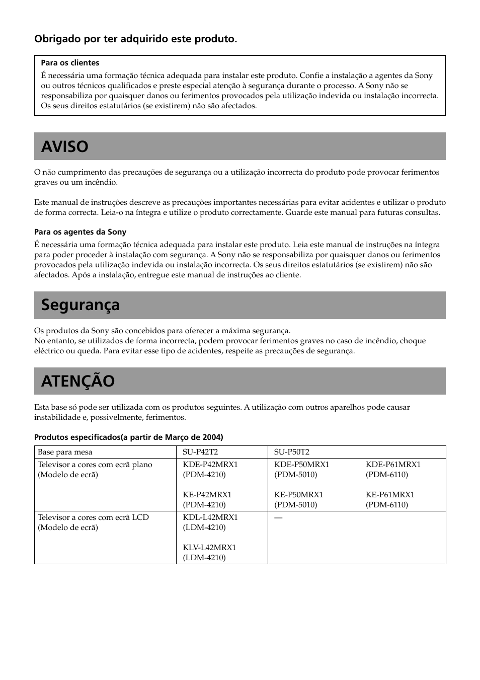 Português(pt), Aviso, Segurança | Atenção | Sony SU-P50T2 User Manual | Page 32 / 132