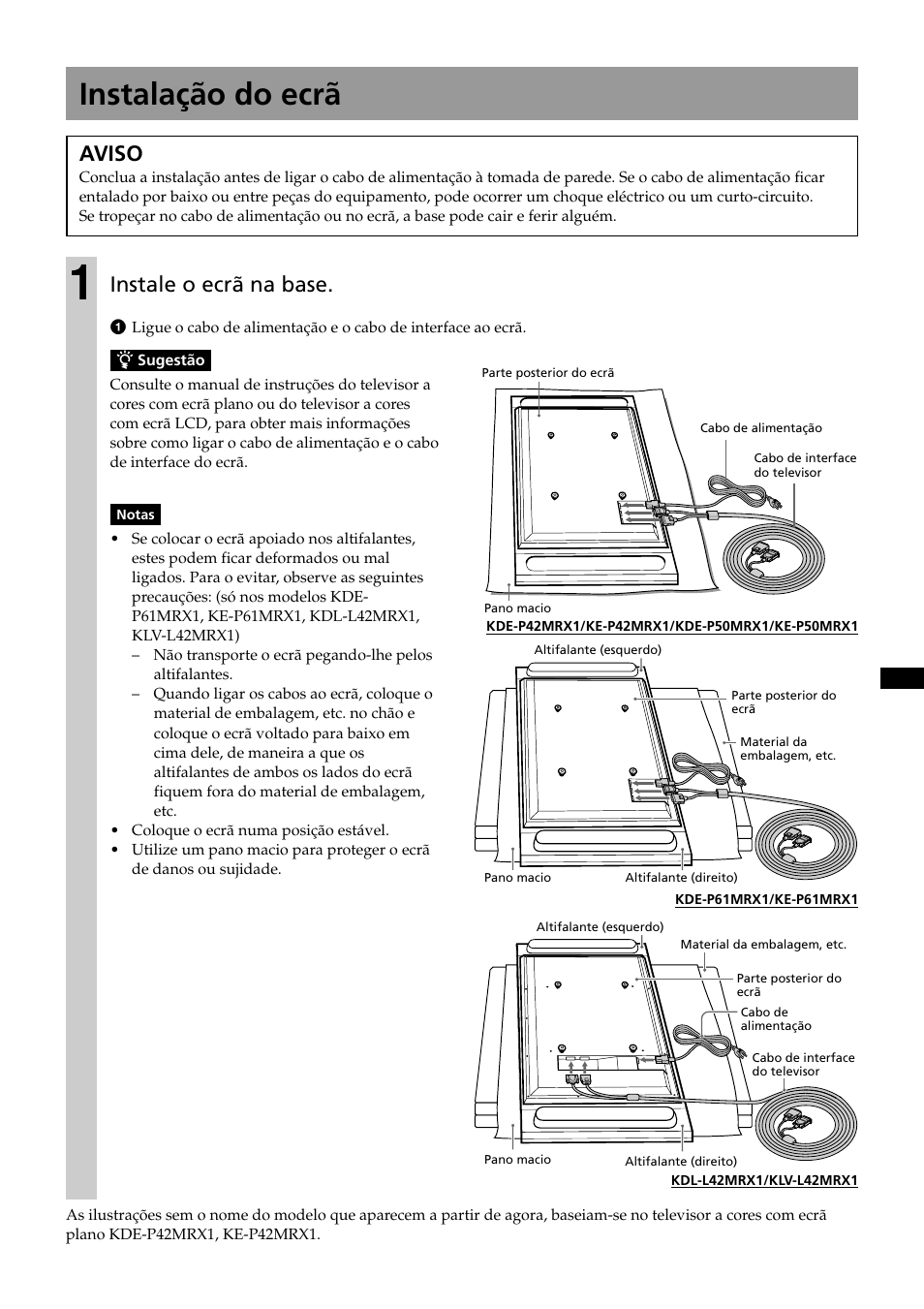 Instalação do ecrã, Aviso, Instale o ecrã na base | Sony SU-P50T2 User Manual | Page 37 / 132