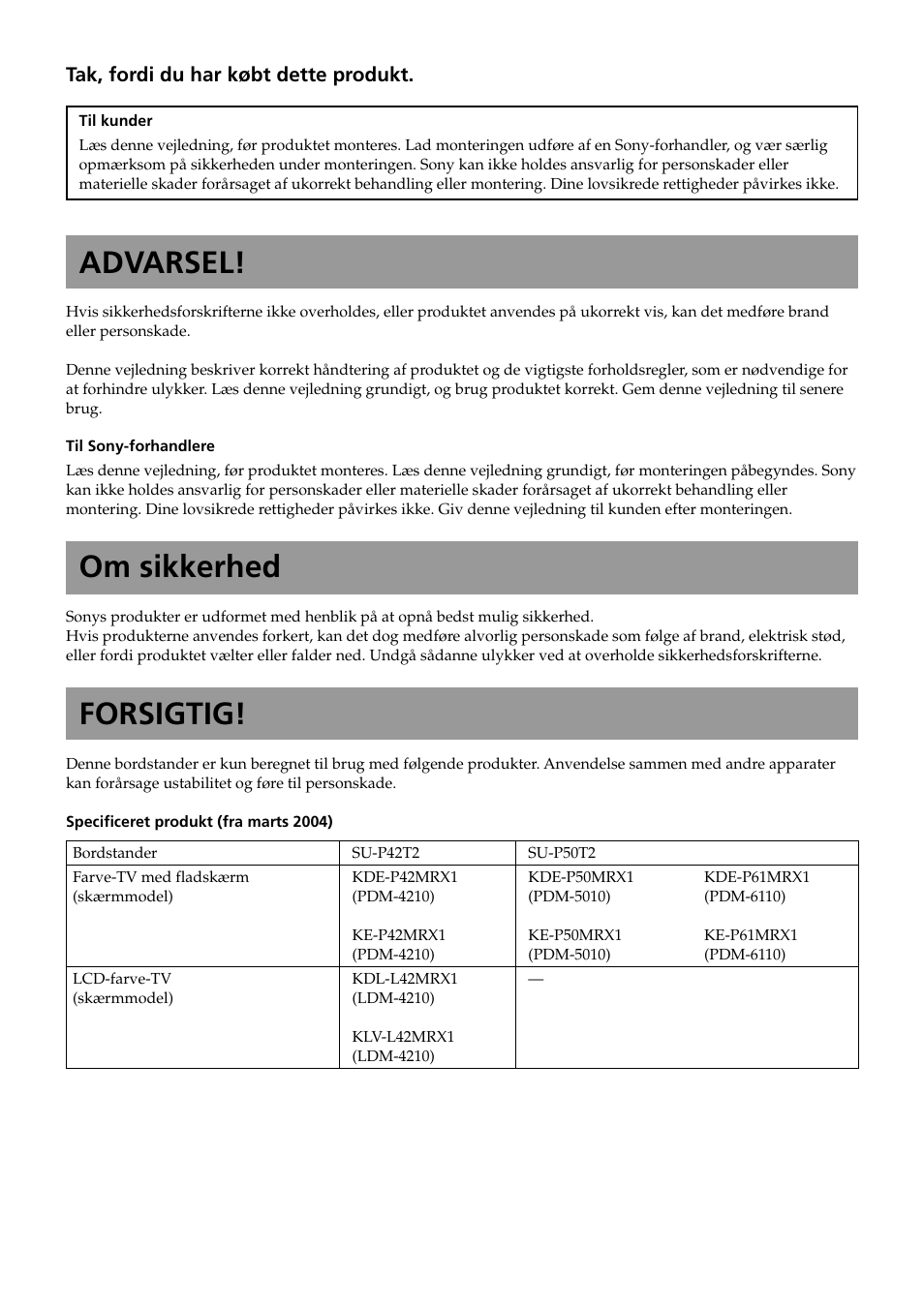 Dansk(dk), Advarsel, Om sikkerhed | Forsigtig | Sony SU-P50T2 User Manual | Page 42 / 132