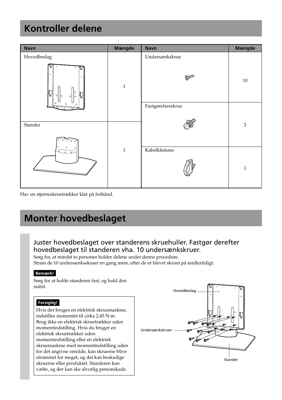 Kontroller delene, Monter hovedbeslaget | Sony SU-P50T2 User Manual | Page 46 / 132