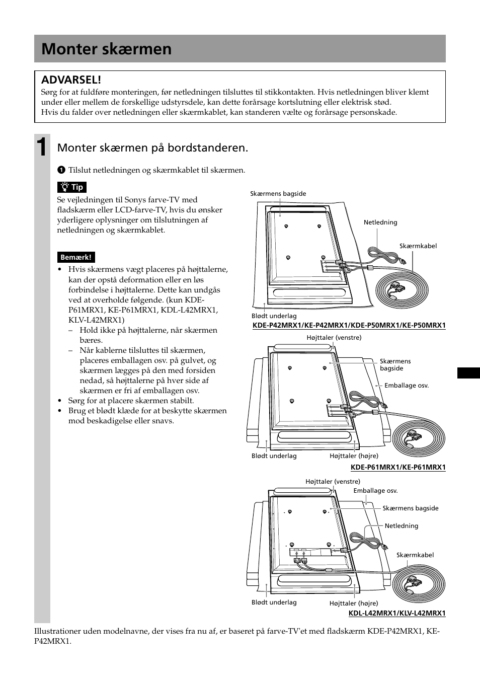 Monter skærmen, Advarsel, Monter skærmen på bordstanderen | Sony SU-P50T2 User Manual | Page 47 / 132