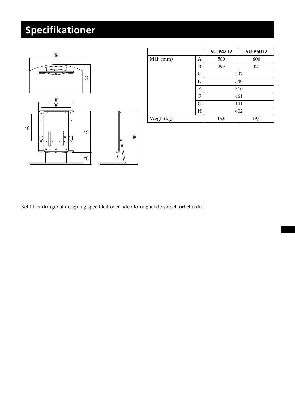 Specifikationer | Sony SU-P50T2 User Manual | Page 51 / 132
