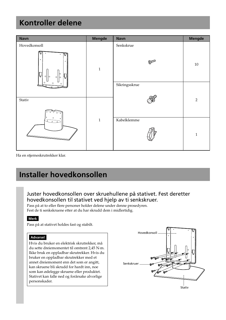 Kontroller delene, Installer hovedkonsollen | Sony SU-P50T2 User Manual | Page 56 / 132