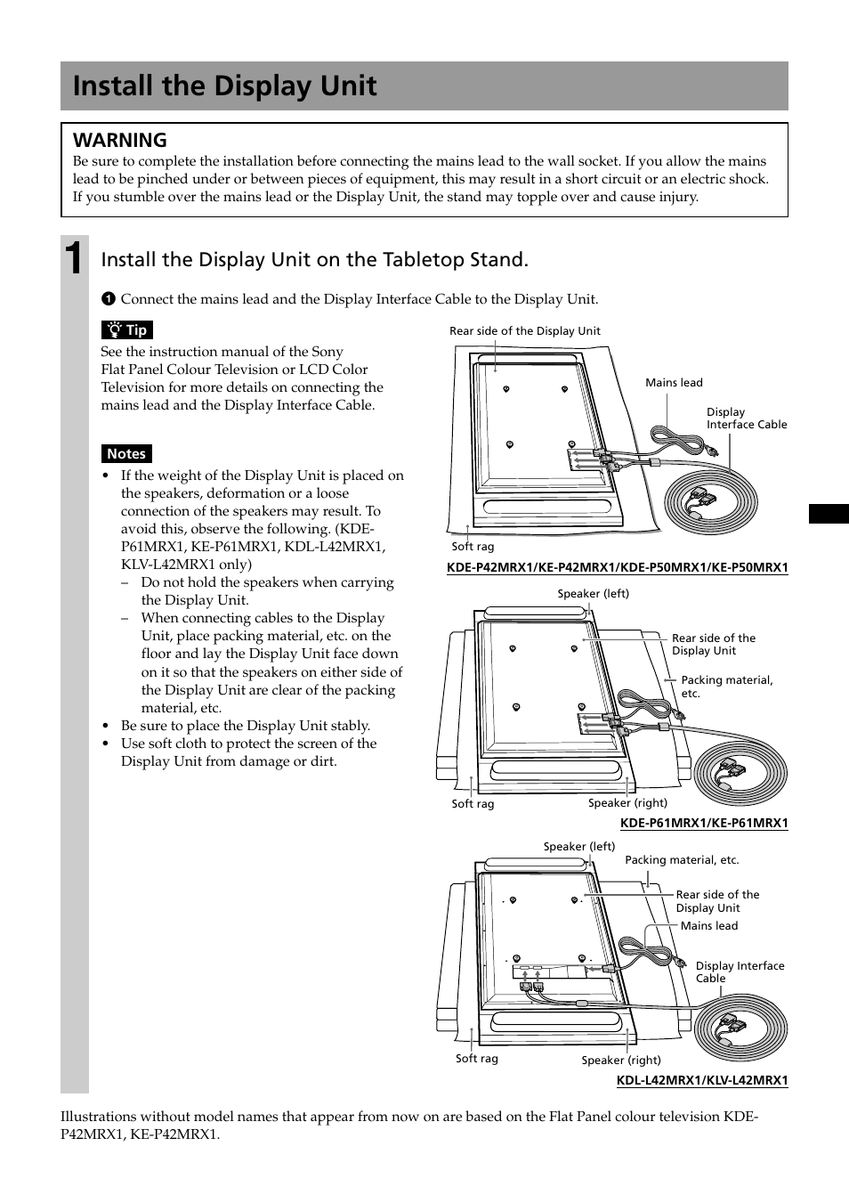 Install the display unit, Warning, Install the display unit on the tabletop stand | Sony SU-P50T2 User Manual | Page 7 / 132