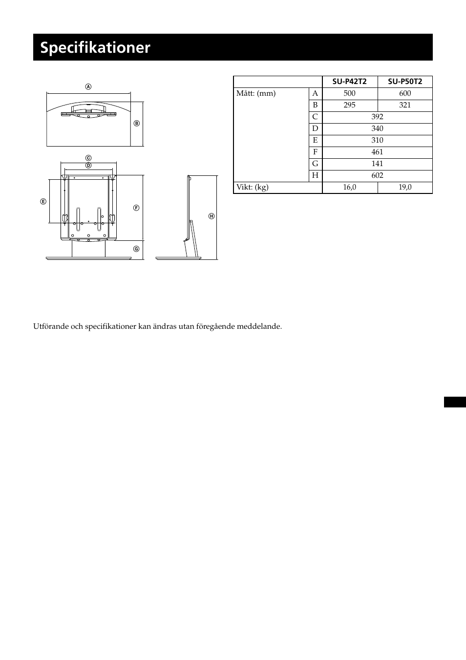 Specifikationer | Sony SU-P50T2 User Manual | Page 71 / 132