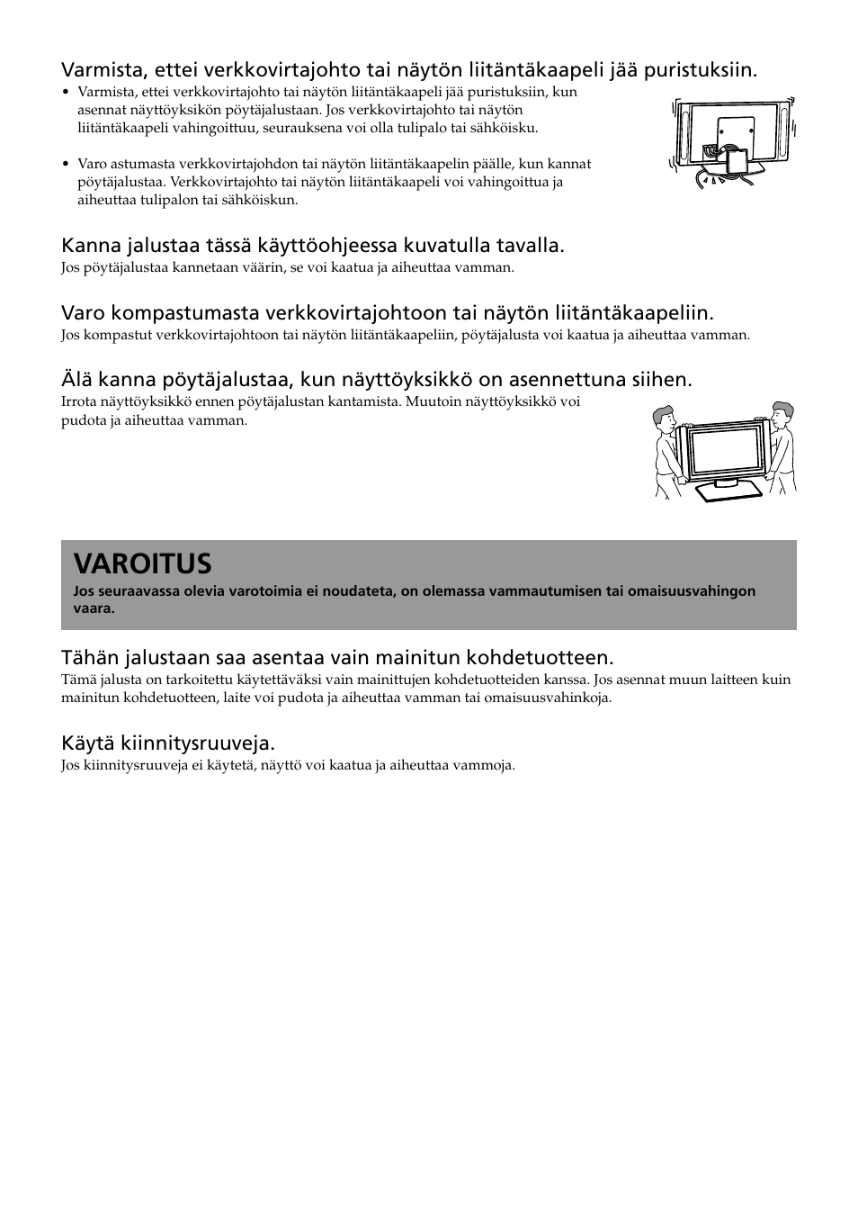 Varoitus | Sony SU-P50T2 User Manual | Page 74 / 132