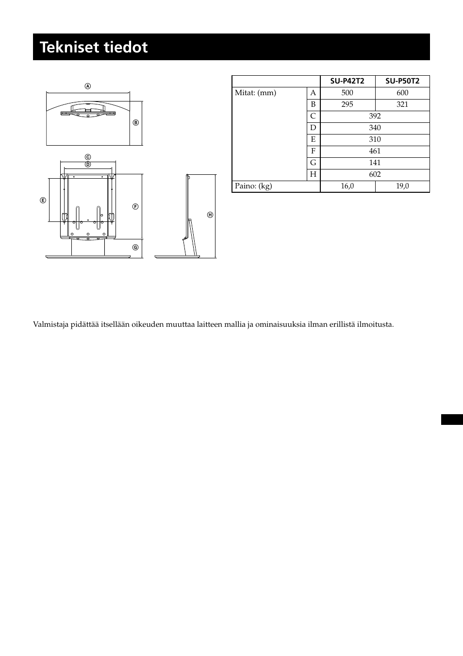 Tekniset tiedot | Sony SU-P50T2 User Manual | Page 81 / 132