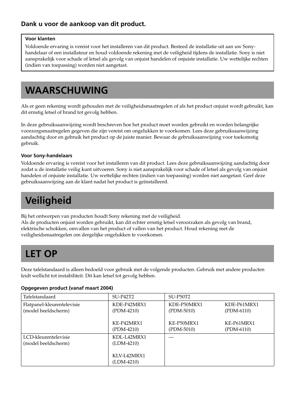 Nederlands(nl), Waarschuwing, Veiligheid | Let op | Sony SU-P50T2 User Manual | Page 82 / 132