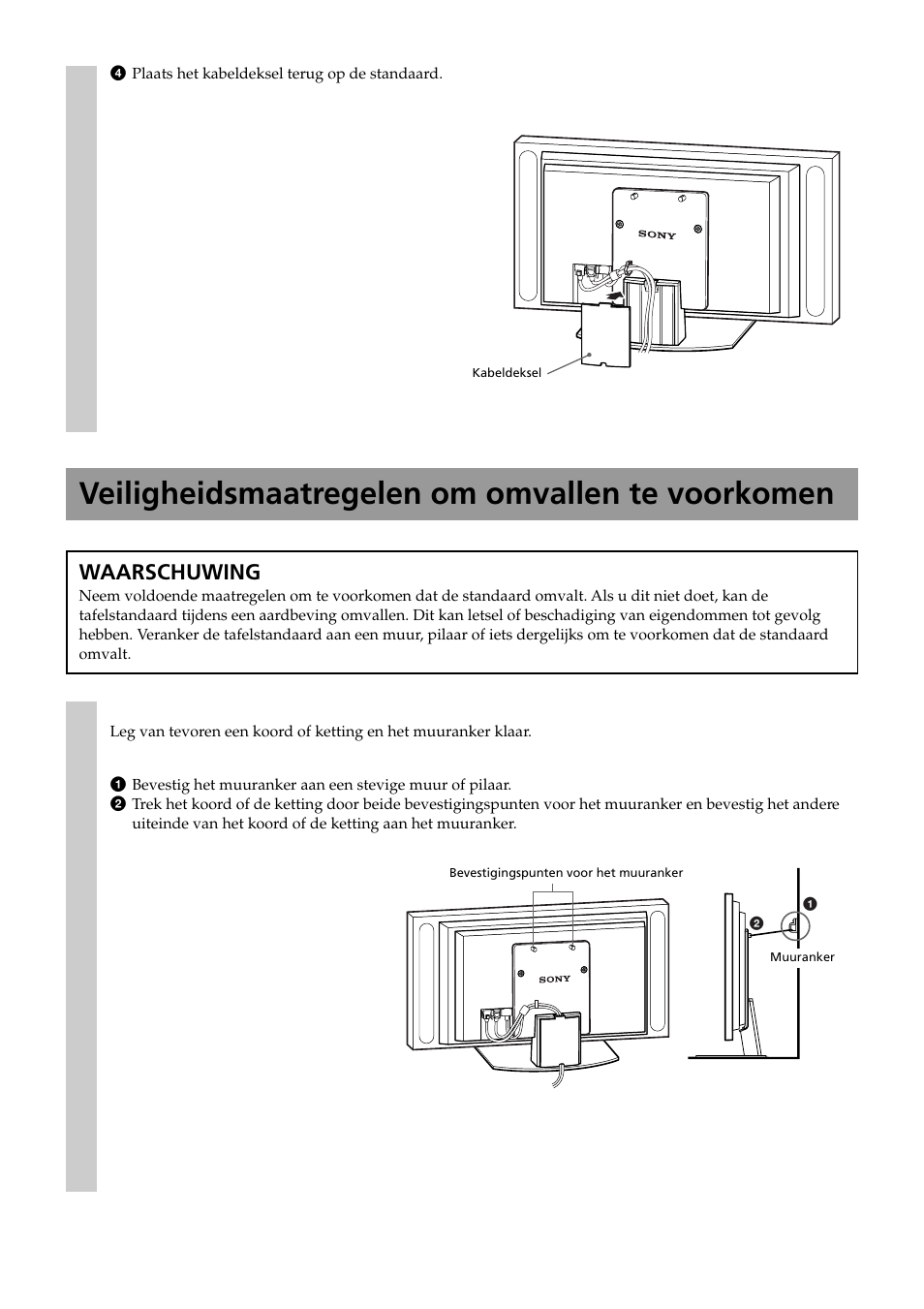 Veiligheidsmaatregelen om omvallen te voorkomen, Waarschuwing | Sony SU-P50T2 User Manual | Page 90 / 132