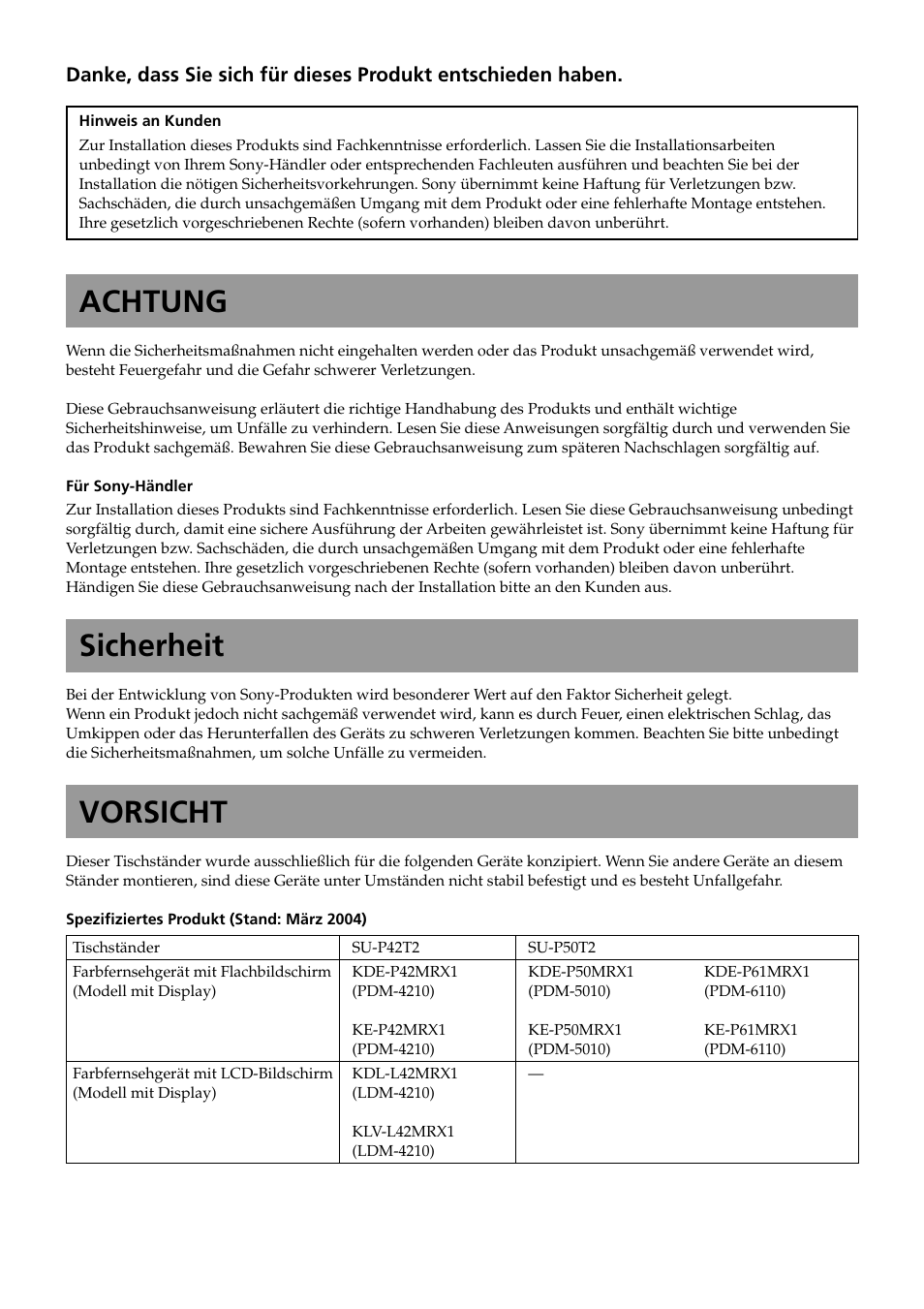 Deutsch(de), Achtung, Sicherheit | Vorsicht | Sony SU-P50T2 User Manual | Page 92 / 132