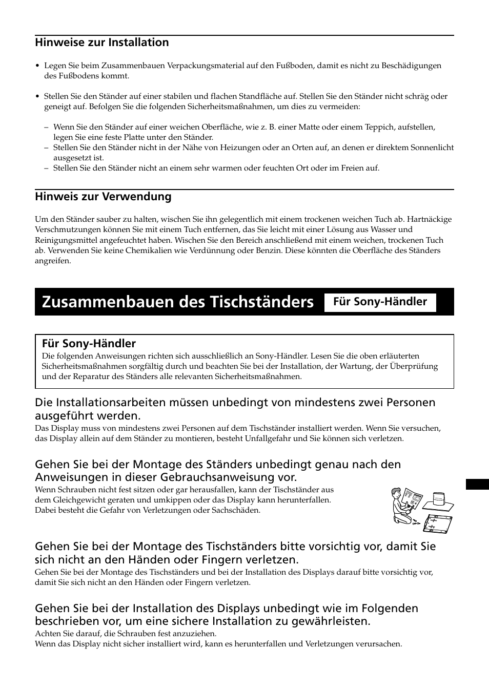 Zusammenbauen des tischständers, Hinweise zur installation, Hinweis zur verwendung | Für sony-händler | Sony SU-P50T2 User Manual | Page 95 / 132