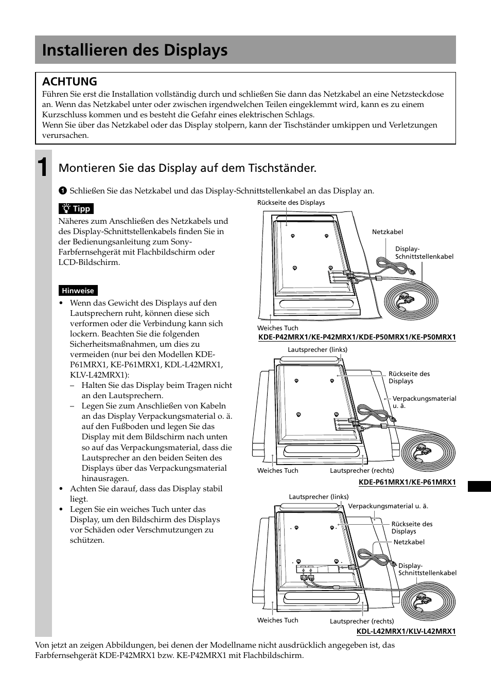 Installieren des displays, Achtung, Montieren sie das display auf dem tischständer | Sony SU-P50T2 User Manual | Page 97 / 132