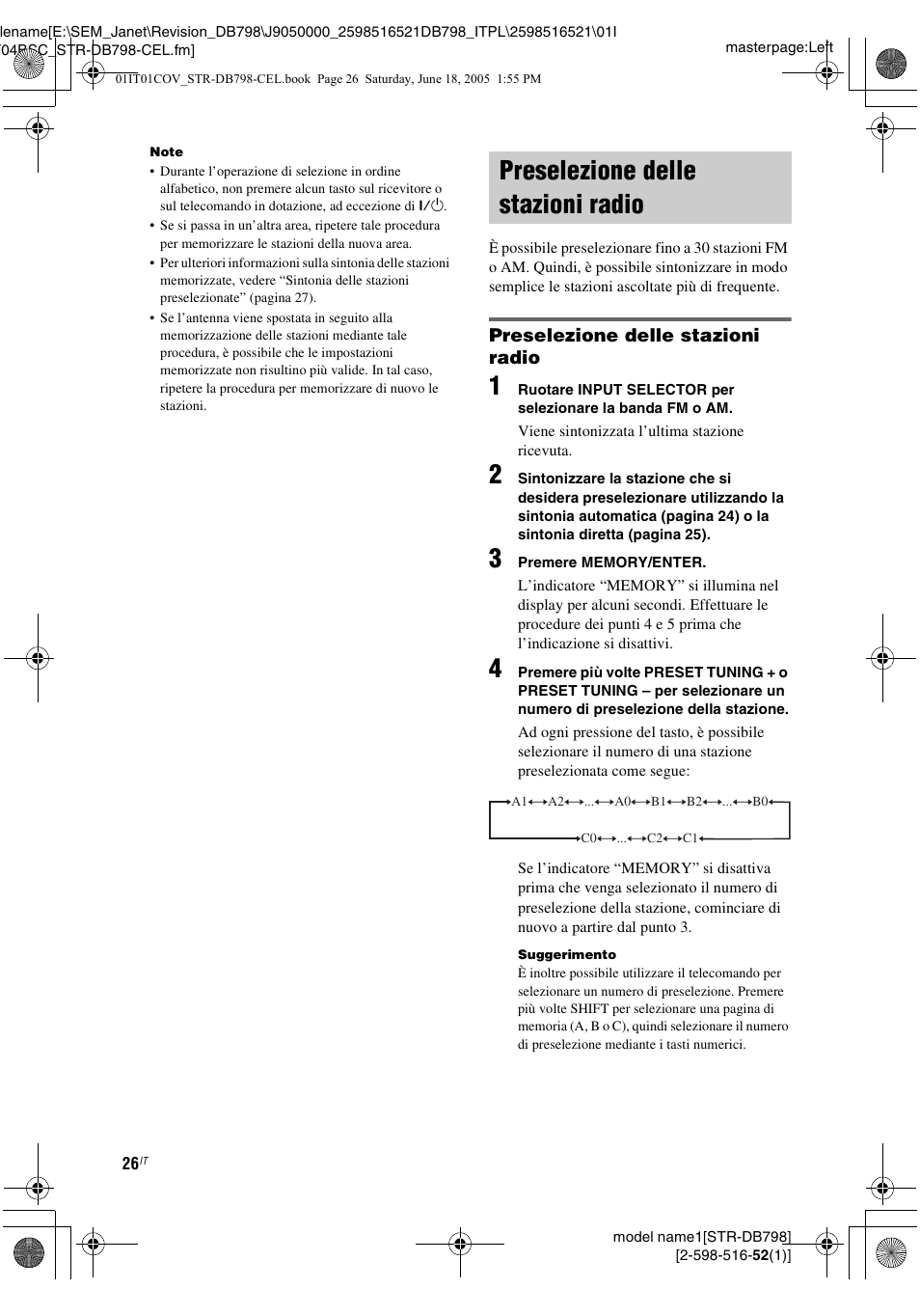 Preselezione delle stazioni radio | Sony STR-DB798 User Manual | Page 26 / 144