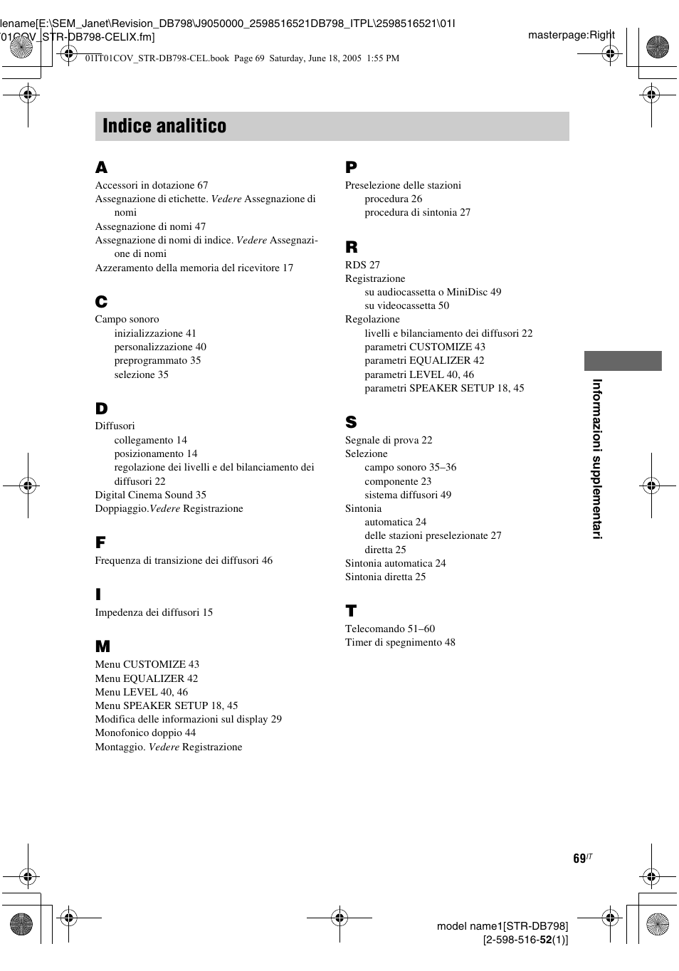 Indice analitico | Sony STR-DB798 User Manual | Page 69 / 144