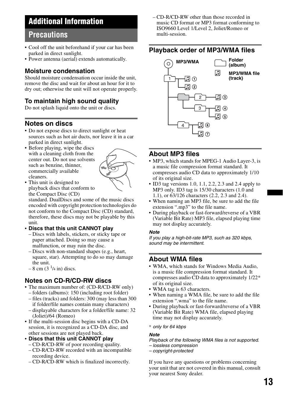 Additional information, Precautions, Notes on discs | Playback order of mp3/wma files, About mp3 files, About wma files, Additional information precautions, Playback order of mp3/wma files about mp3 files | Sony CDX-GT252MP User Manual | Page 13 / 92