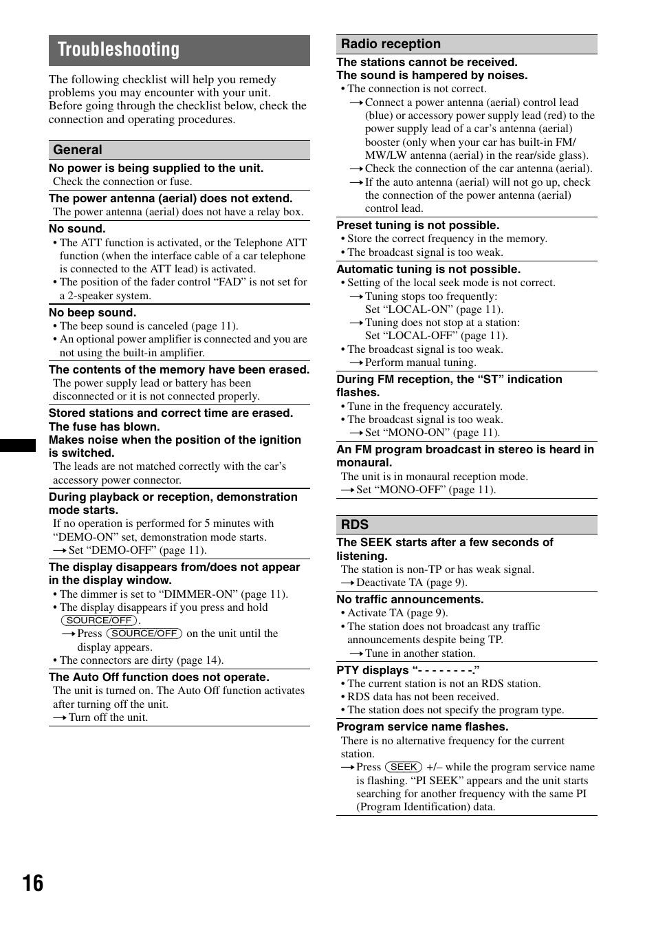 Troubleshooting | Sony CDX-GT252MP User Manual | Page 16 / 92