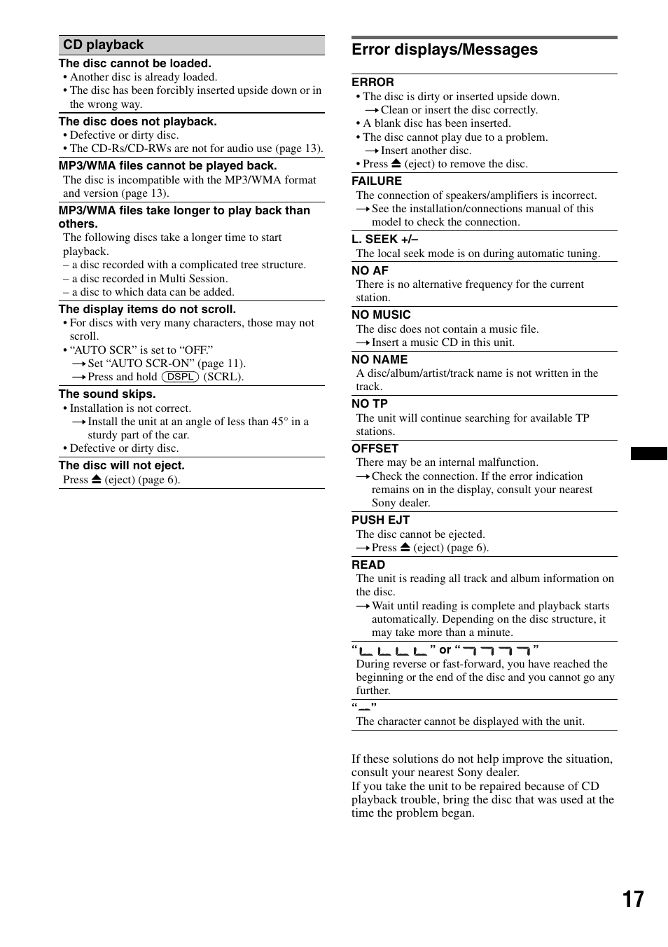 Error displays/messages | Sony CDX-GT252MP User Manual | Page 17 / 92