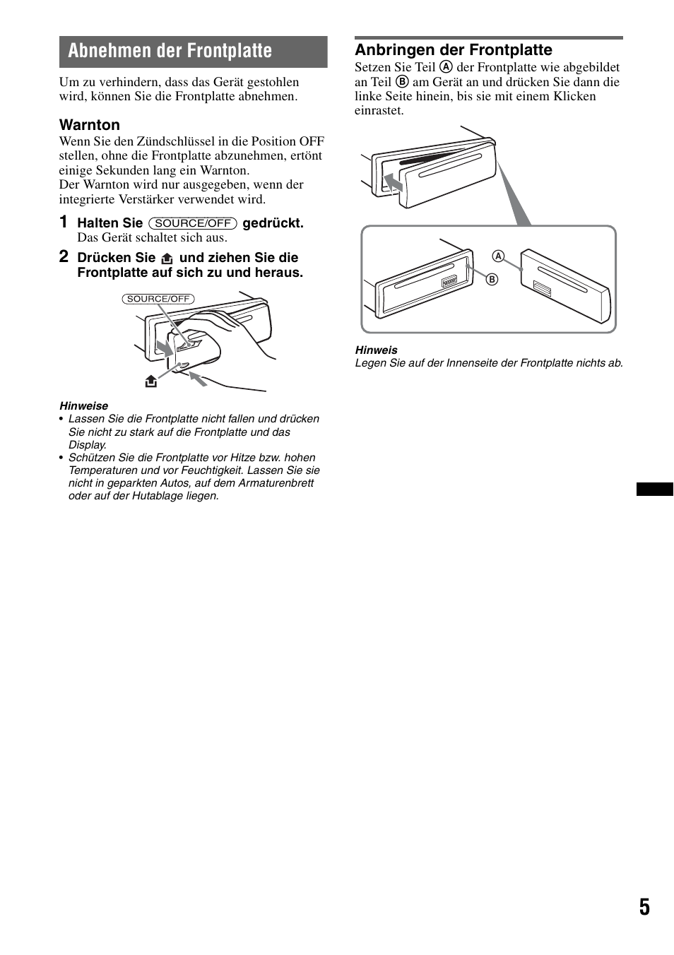 Abnehmen der frontplatte, Anbringen der frontplatte | Sony CDX-GT252MP User Manual | Page 21 / 92