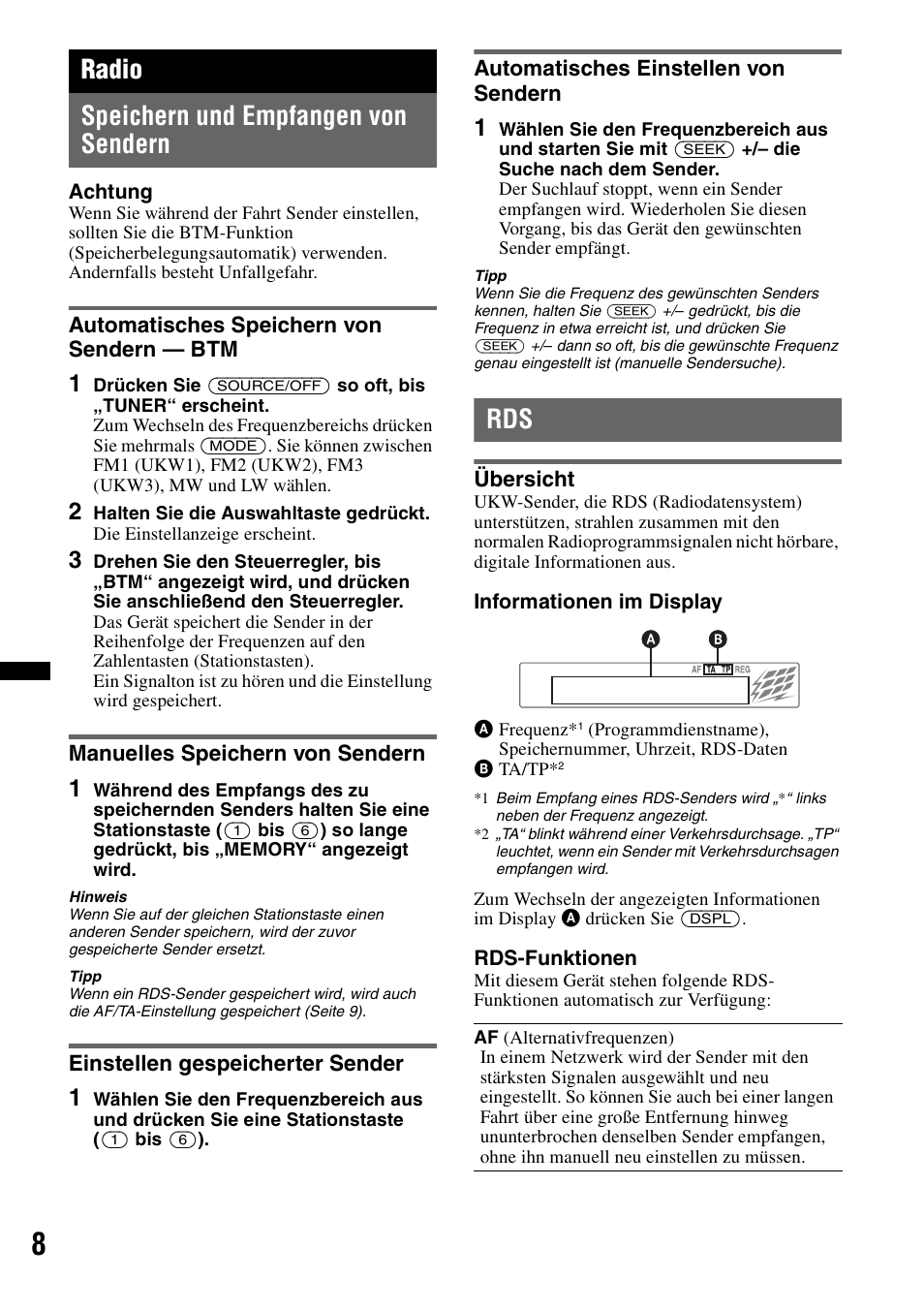 Radio, Speichern und empfangen von sendern, Automatisches speichern von sendern - btm | Manuelles speichern von sendern, Einstellen gespeicherter sender, Automatisches einstellen von sendern, Übersicht, Seite 8, Radio speichern und empfangen von sendern | Sony CDX-GT252MP User Manual | Page 24 / 92