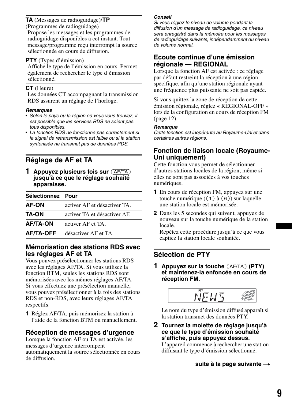 Réglage de af et ta, Sélection de pty, Réglage de af et ta sélection de pty | Sony CDX-GT252MP User Manual | Page 43 / 92