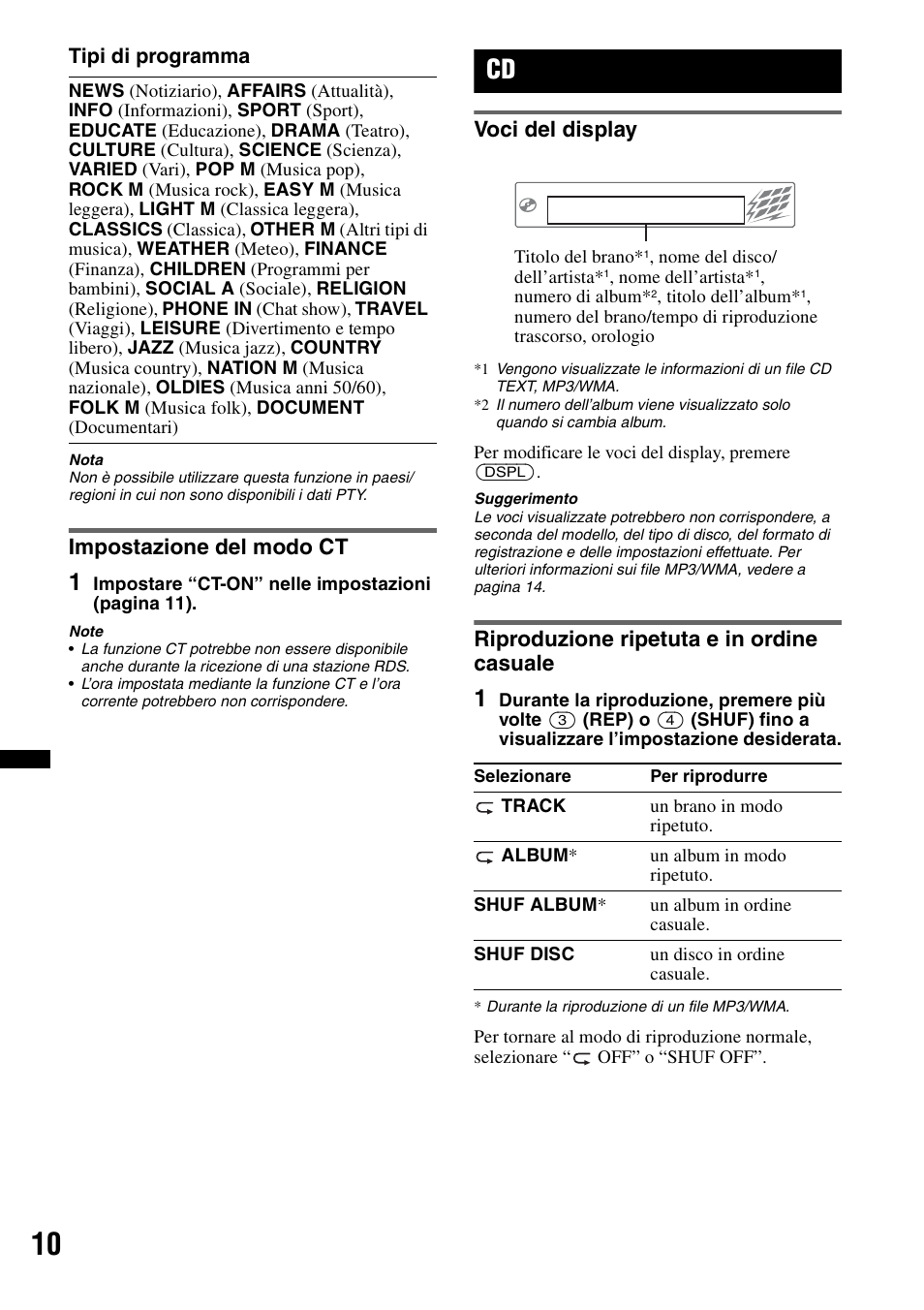 Impostazione del modo ct, Voci del display, Riproduzione ripetuta e in ordine casuale | Sony CDX-GT252MP User Manual | Page 62 / 92