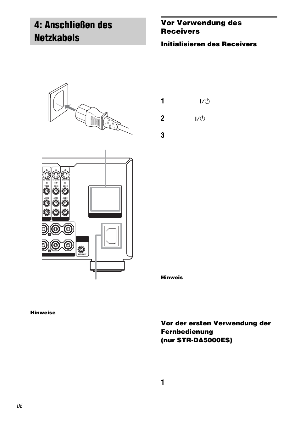 Anschließen des netzkabels, Vor verwendung des receivers, Initialisieren des receivers | Sony STR-DA3000ES User Manual | Page 18 / 208