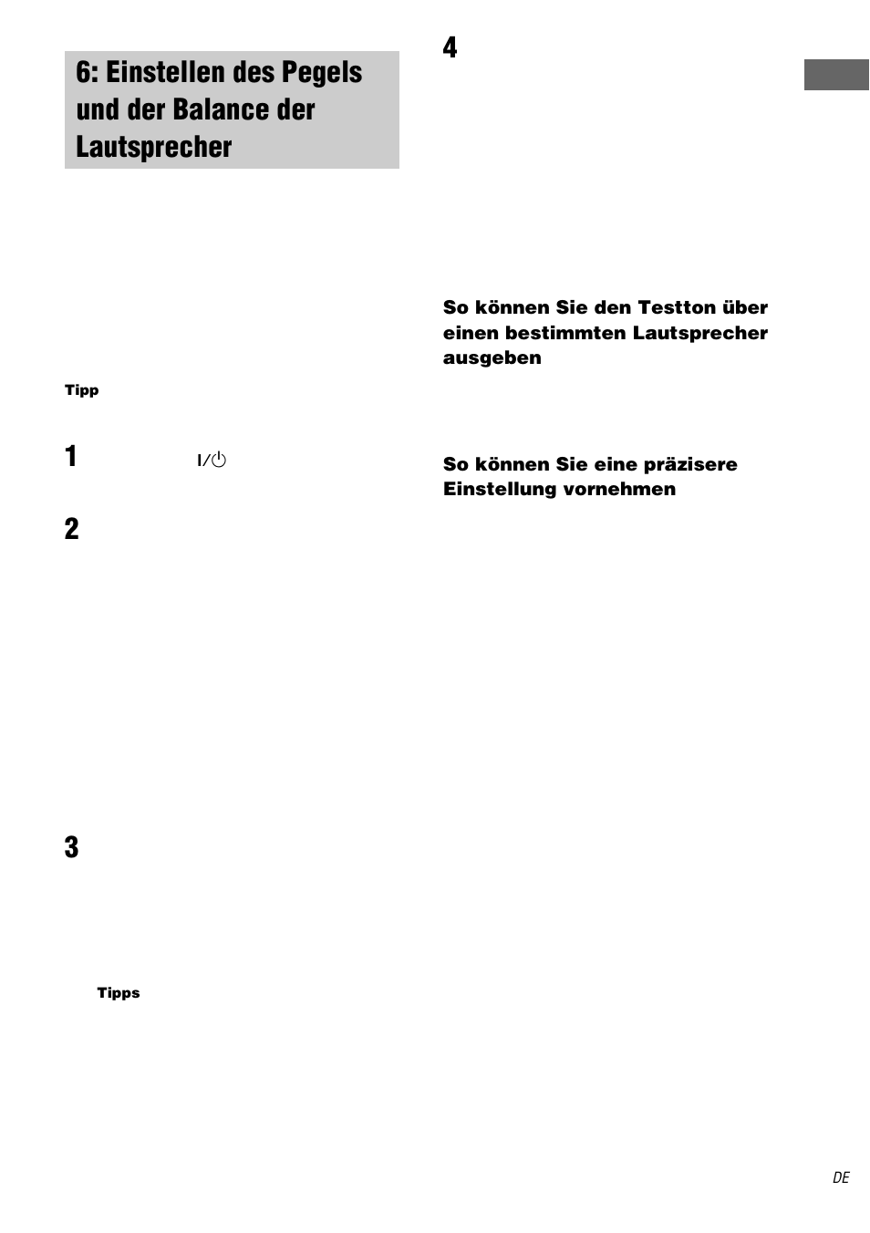 Test tone, Einstellen des pegels und der balance, Der lautsprecher — test tone | Sony STR-DA3000ES User Manual | Page 23 / 208