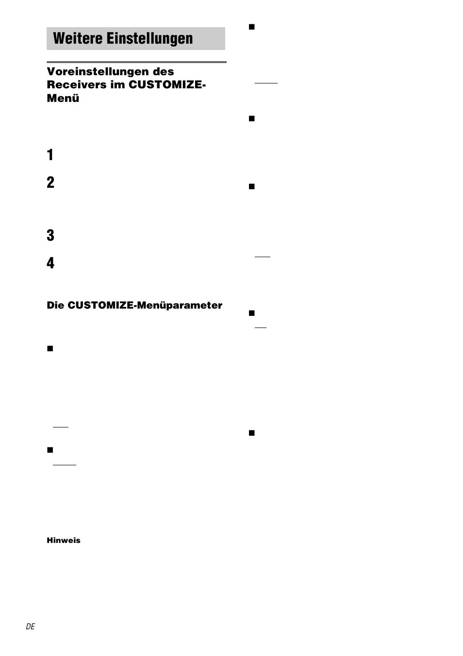 Weitere einstellungen, Seite 44), Siehe seite 44 | Voreinstellungen des receivers im customize- menü | Sony STR-DA3000ES User Manual | Page 44 / 208