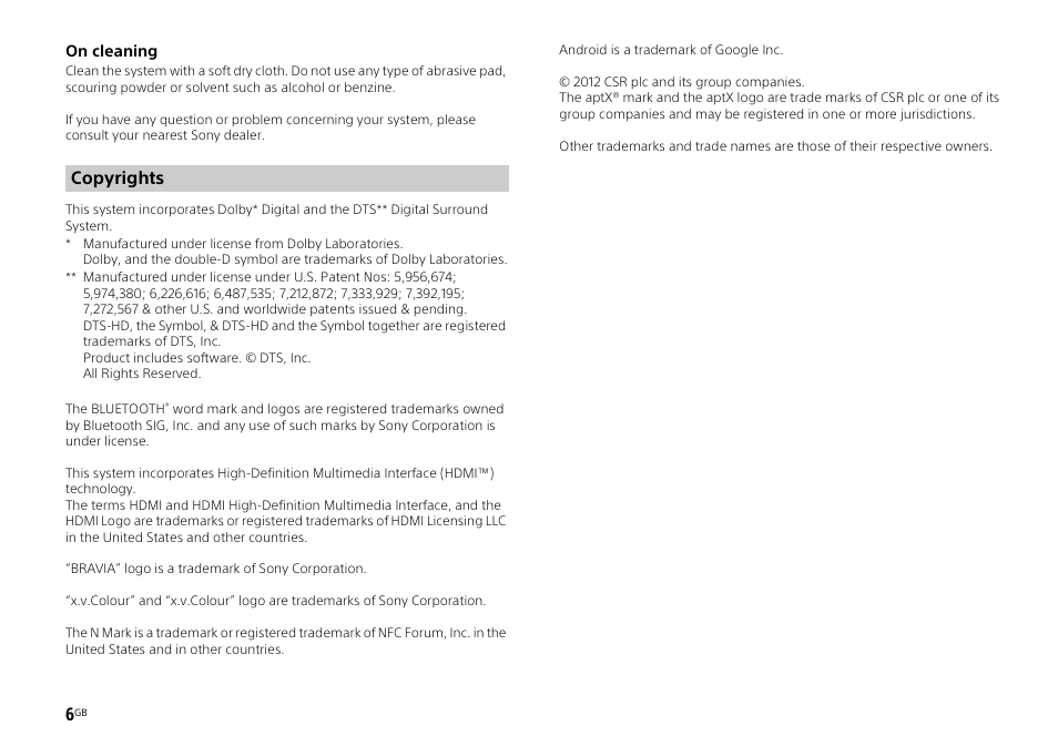 Copyrights | Sony HT-ST3 User Manual | Page 6 / 115