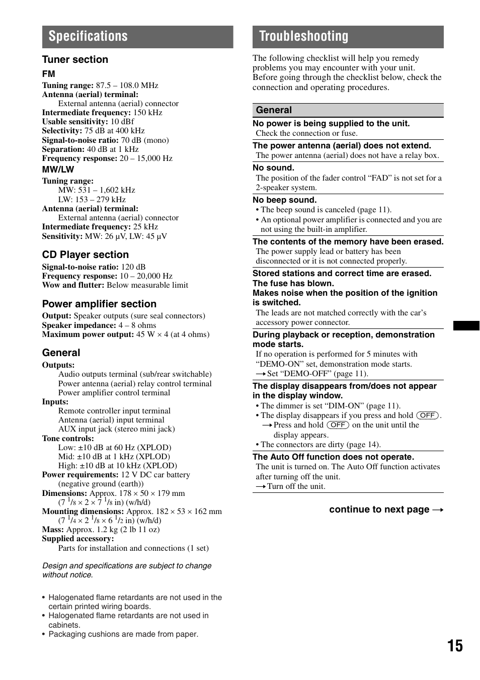 Specifications, Troubleshooting, Specifications troubleshooting | General | Sony CDX-GT29 User Manual | Page 15 / 92