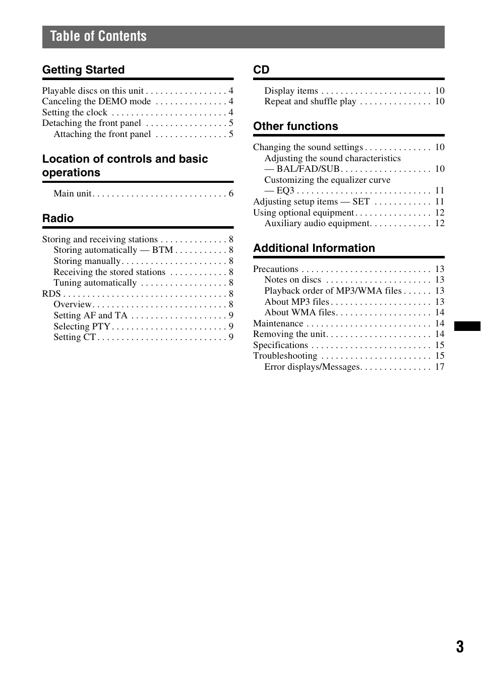 Sony CDX-GT29 User Manual | Page 3 / 92