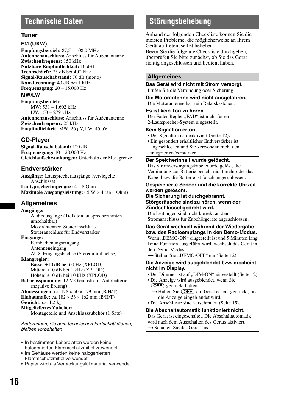 Technische daten, Störungsbehebung, Technische daten störungsbehebung | Sony CDX-GT29 User Manual | Page 32 / 92