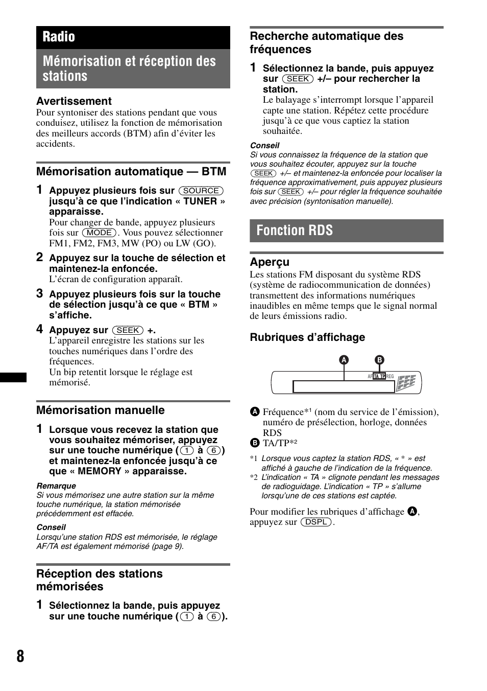Radio, Mémorisation et réception des stations, Mémorisation automatique - btm | Mémorisation manuelle, Réception des stations mémorisées, Recherche automatique des fréquences, Fonction rds, Aperçu, Radio mémorisation et réception des stations | Sony CDX-GT29 User Manual | Page 42 / 92