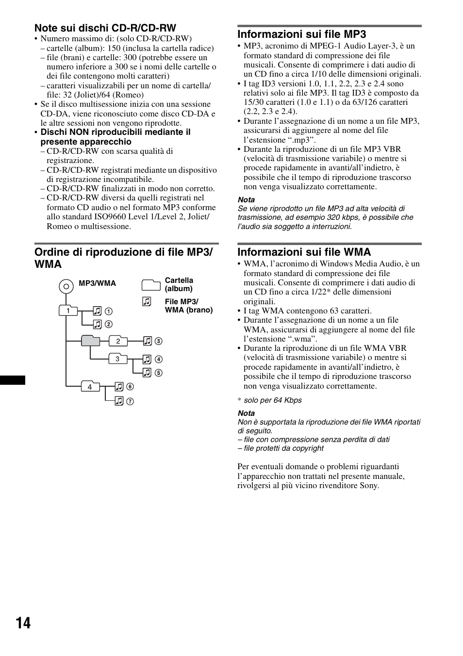 Ordine di riproduzione di file mp3/ wma, Informazioni sui file mp3, Informazioni sui file wma | Sony CDX-GT29 User Manual | Page 66 / 92