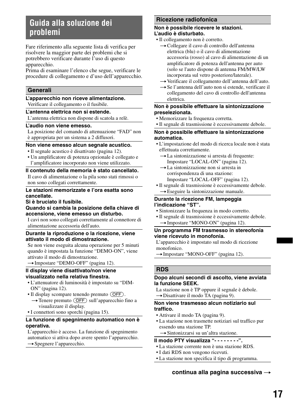 Guida alla soluzione dei problemi | Sony CDX-GT29 User Manual | Page 69 / 92