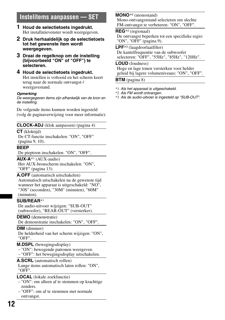 Instelitems aanpassen - set, Instelitems aanpassen — set | Sony CDX-GT29 User Manual | Page 82 / 92