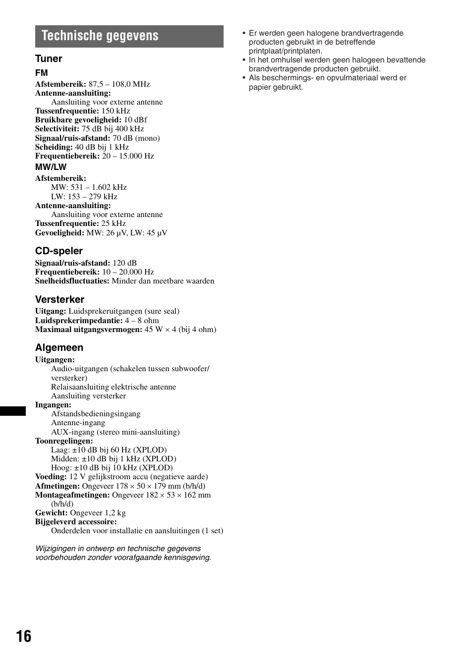 Technische gegevens | Sony CDX-GT29 User Manual | Page 86 / 92