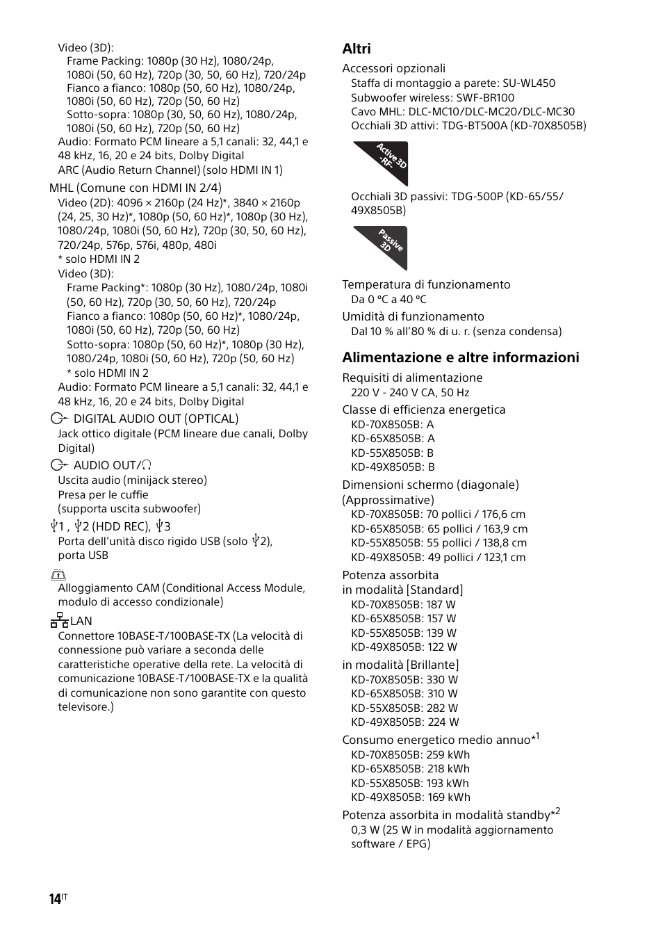 Altri, Alimentazione e altre informazioni | Sony KD-49X8505B User Manual | Page 110 / 328