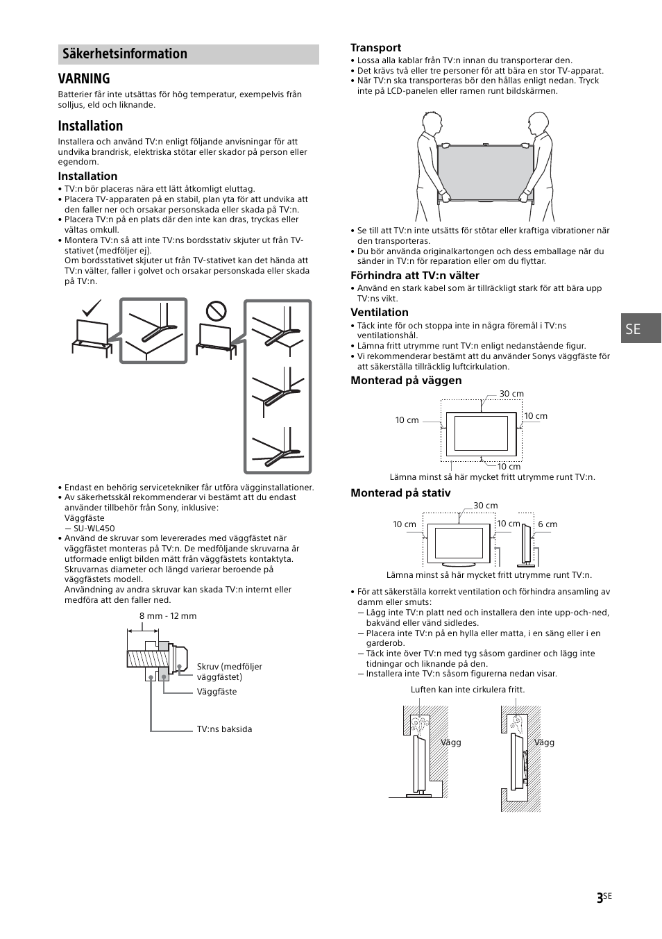 Säkerhetsinformation, Säkerhetsinformation” (sidan 3), Installation | Sony KD-49X8505B User Manual | Page 115 / 328