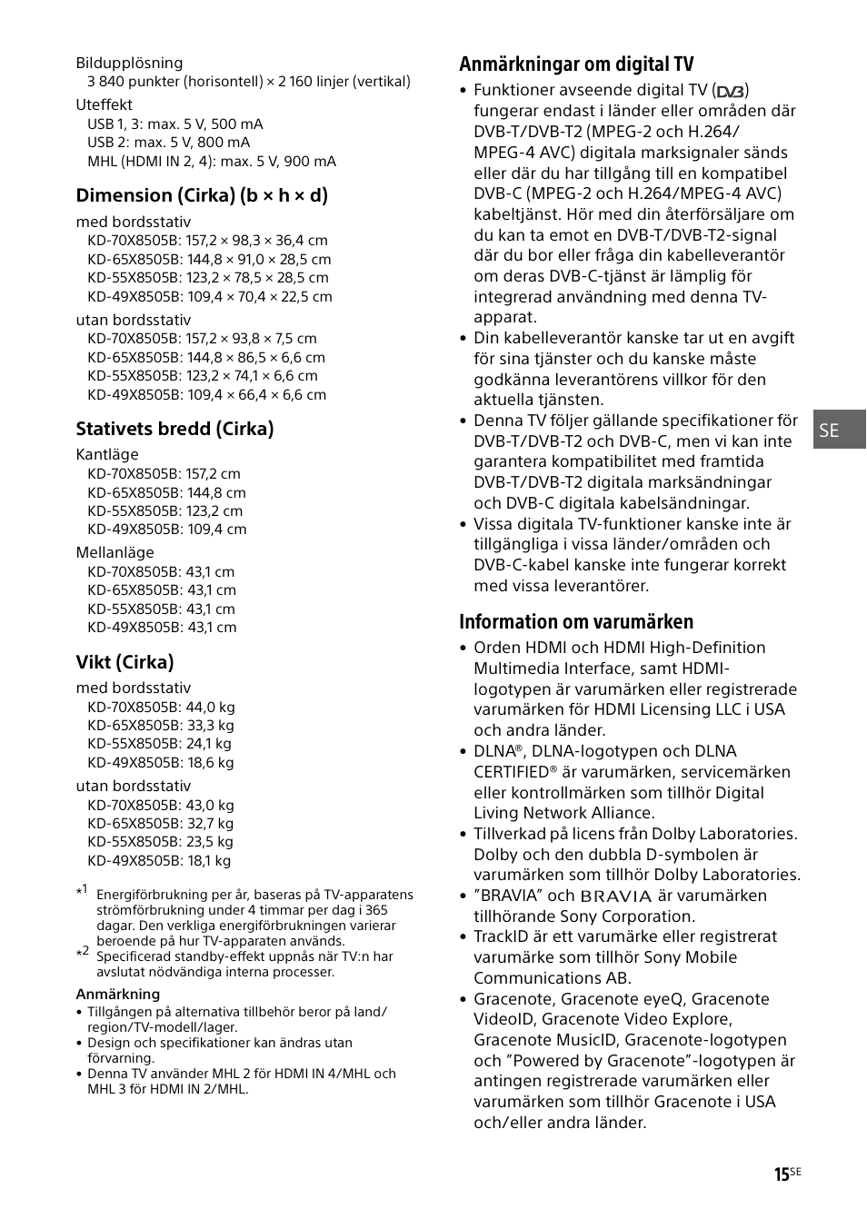 Anmärkningar om digital tv, Information om varumärken | Sony KD-49X8505B User Manual | Page 127 / 328