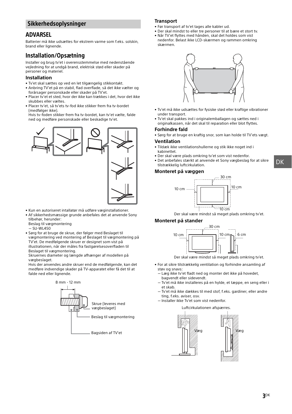 Sikkerhedsoplysninger, Side 3), Dk 3 | Advarsel, Installation/opsætning | Sony KD-49X8505B User Manual | Page 131 / 328