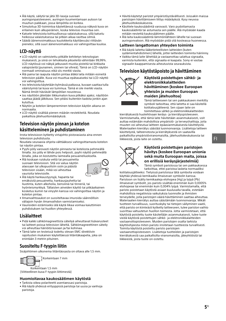 Fi 5, Lcd-näyttö, Lisälaitteet | Suositeltu f-tyypin liitin, Television käytöstäpoisto ja hävittäminen | Sony KD-49X8505B User Manual | Page 147 / 328