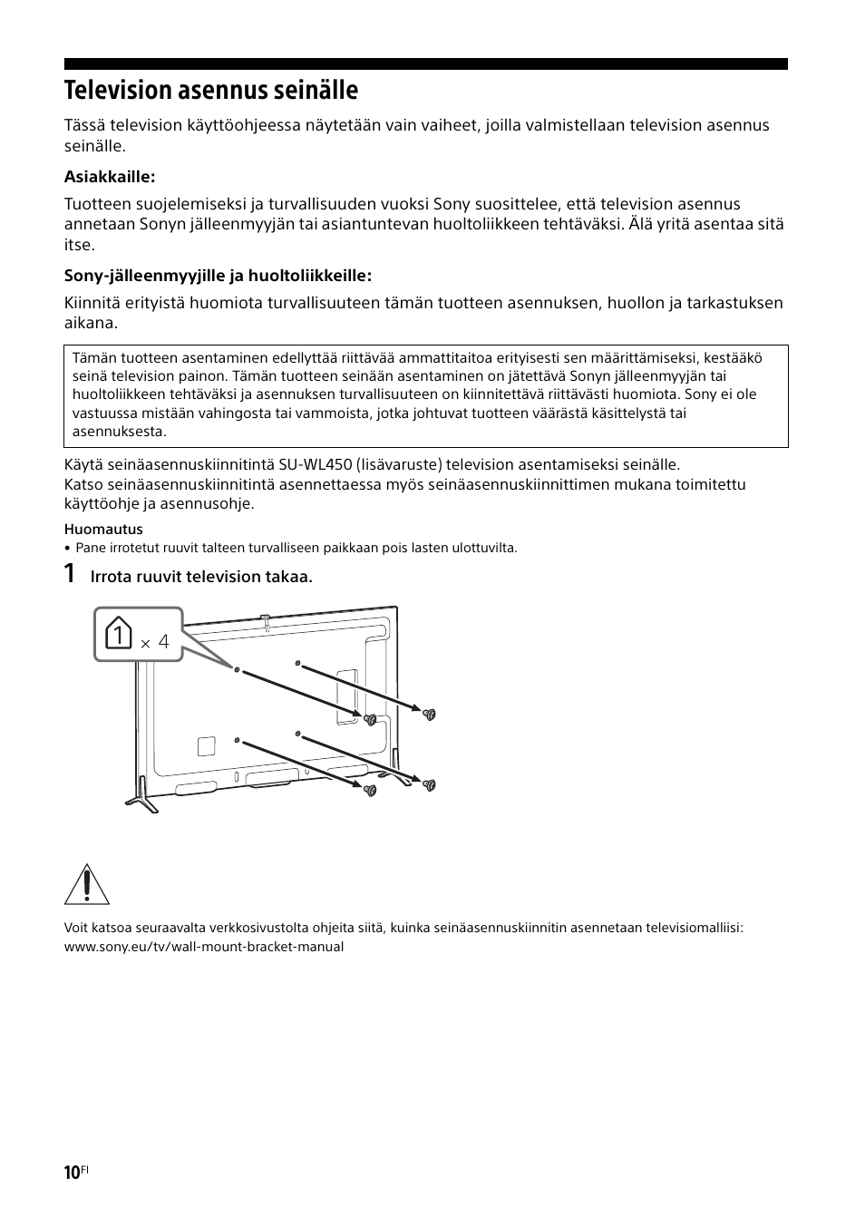 Television asennus seinälle | Sony KD-49X8505B User Manual | Page 152 / 328