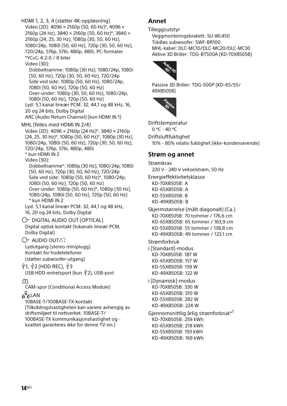 Annet, Strøm og annet | Sony KD-49X8505B User Manual | Page 170 / 328